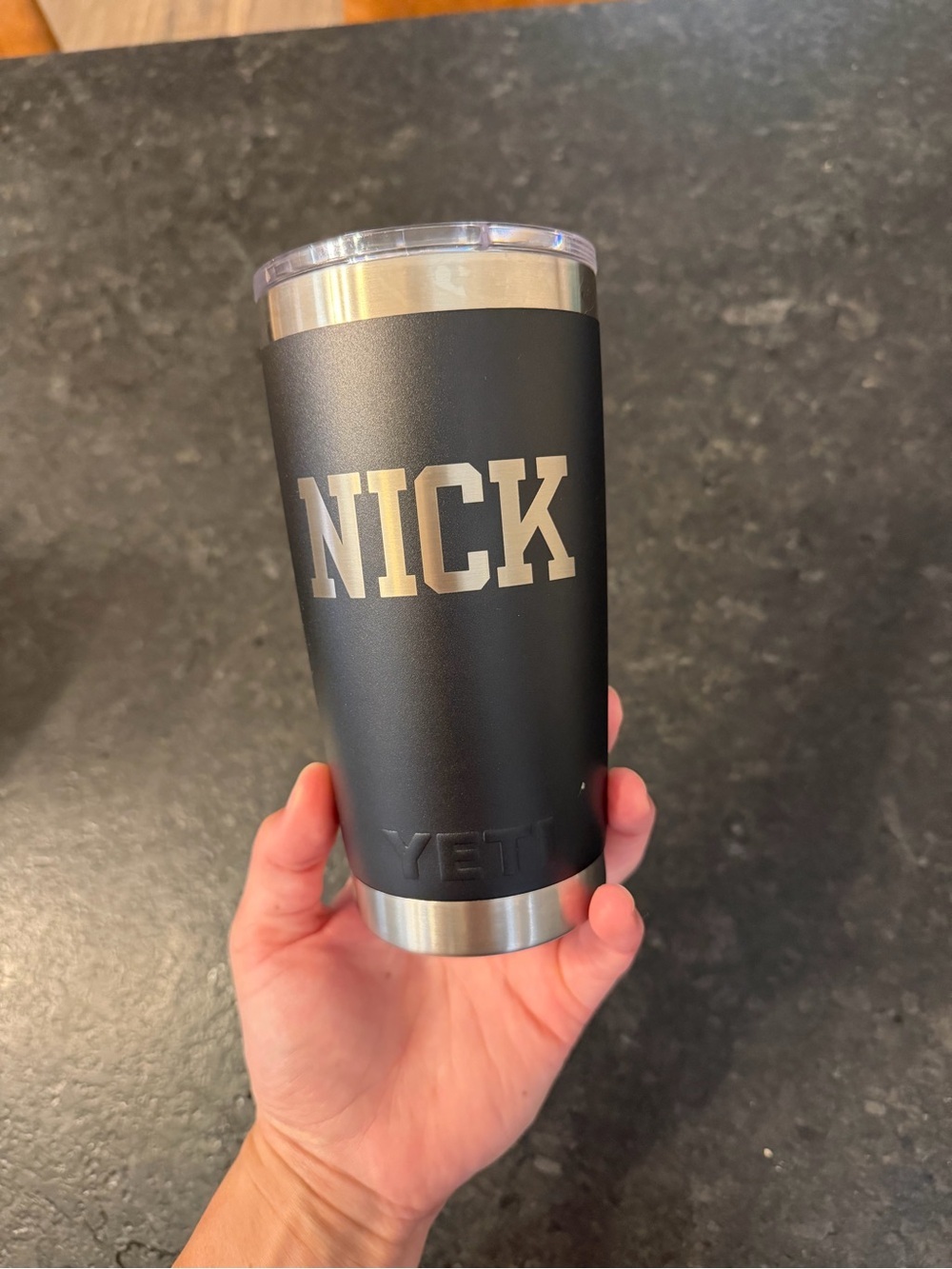 Yeti Black Stainless Trim Personalized Tumbler with Metallic Name